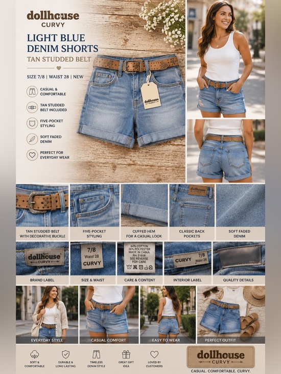 Dollhouse Pants - Dollhouse Curvy Light Blue Denim Shorts Tan Studded Belt size 7/8‎ Waist 28 NEW